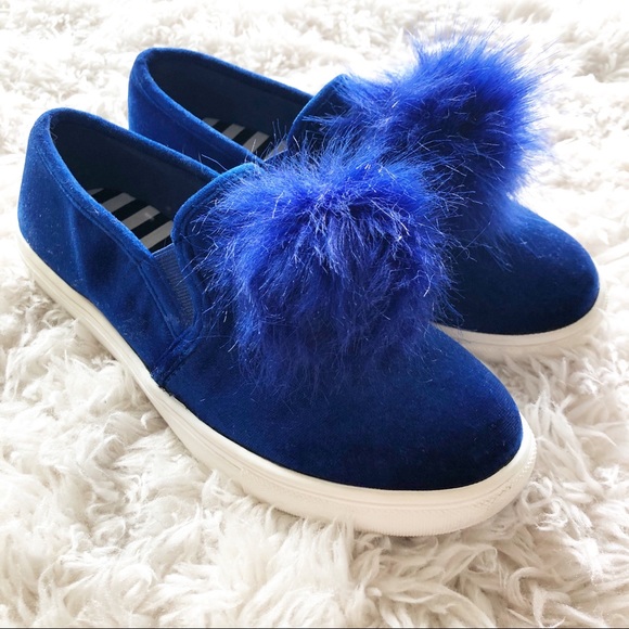 Betsey Johnson Shoes - Betsey Johnson | Blue Velvet Fluffy Pom Slip On 7